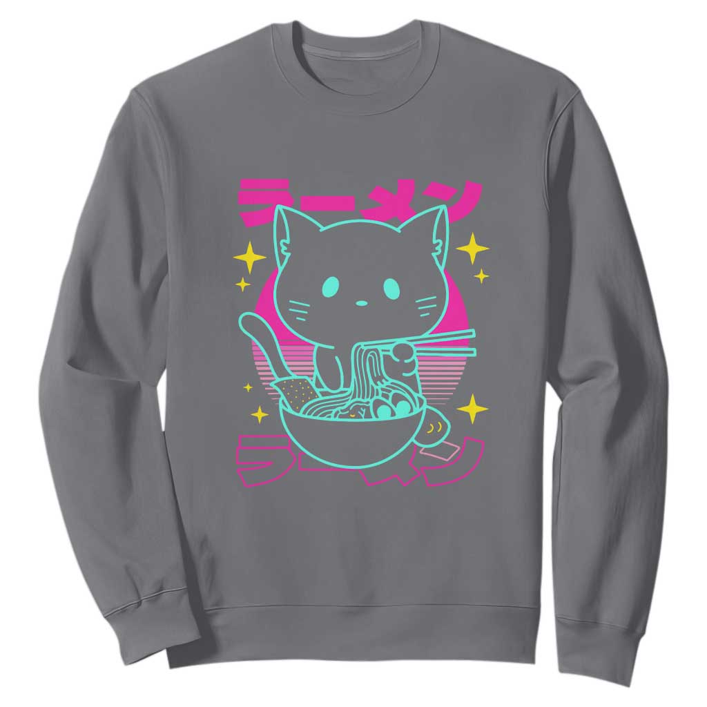 Kawaii Ramen Cat Sweatshirt Retro Japanese Noodles Lover Anime Aesthetic TS02 Charcoal Print Your Wear