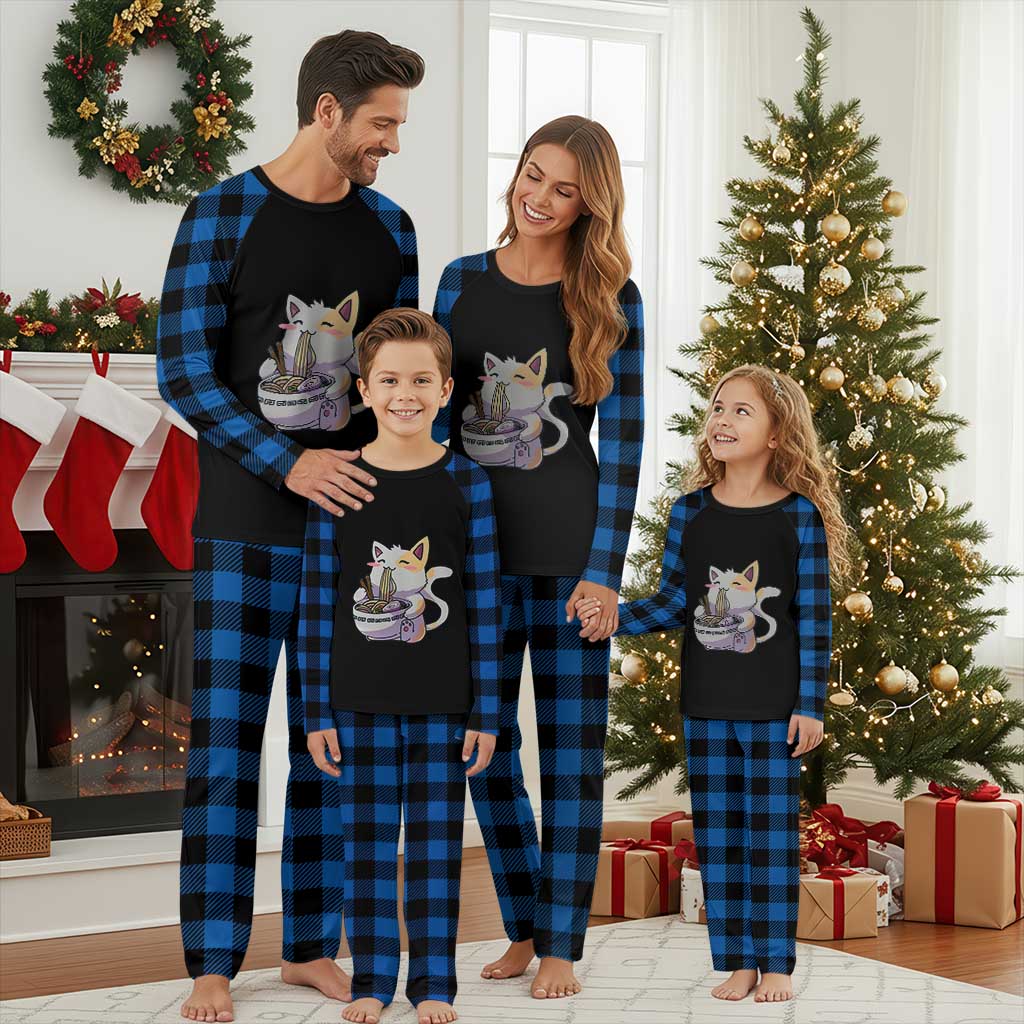 Ramen Cat Kawaii Plaid Pajama Set Anime Japanese Neko Cute Graphic TS02 Blue Plaid Print Your Wear