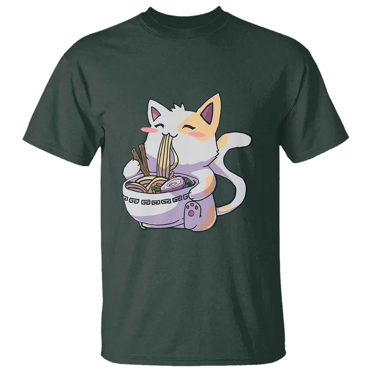Ramen Cat Kawaii T Shirt Anime Japanese Neko Cute Graphic TS02 Dark Forest Green Print Your Wear