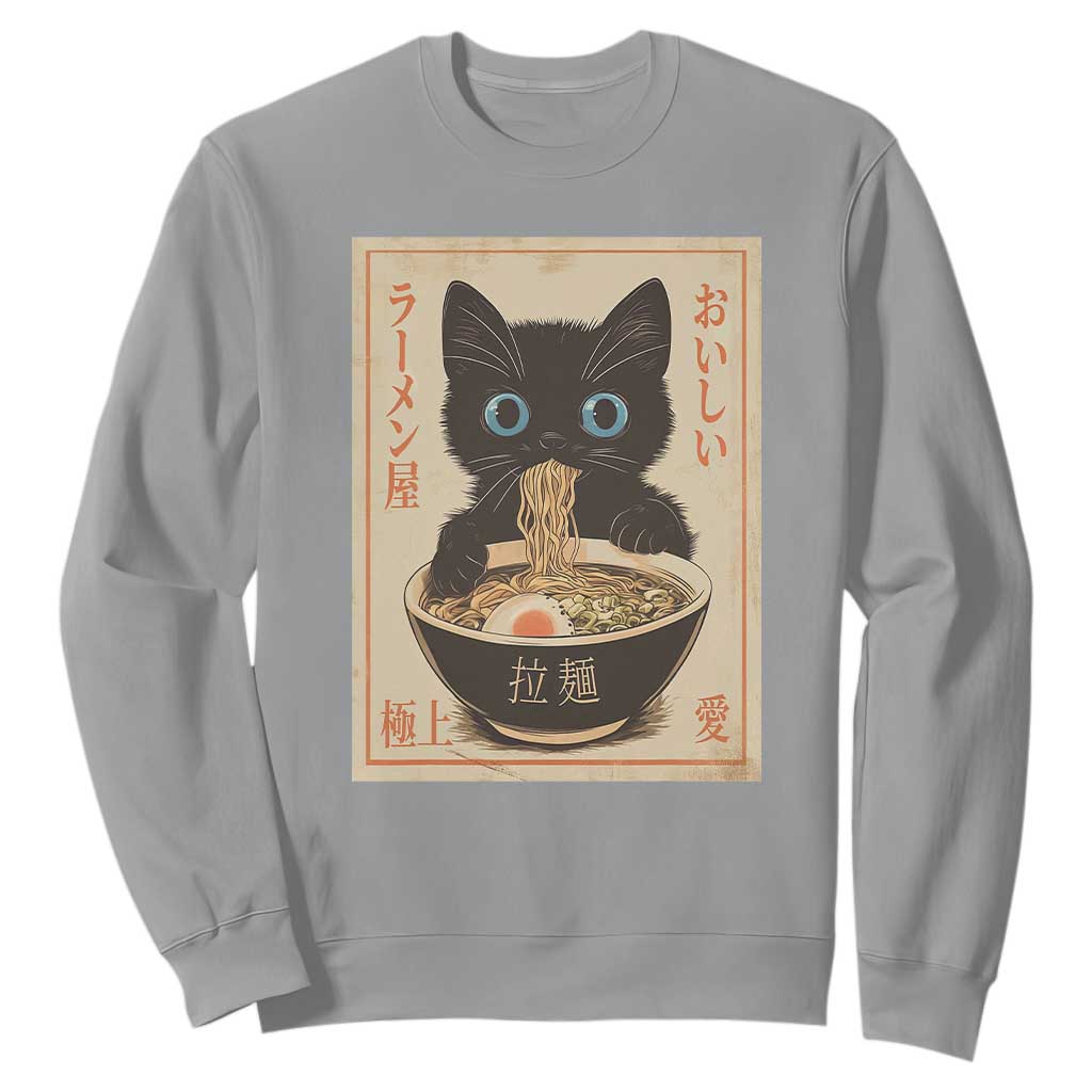 Vintage Kawaii Cat Ramen Graphic Sweatshirt Retro Japanese Anime Inspo TS02 Sport Gray Print Your Wear