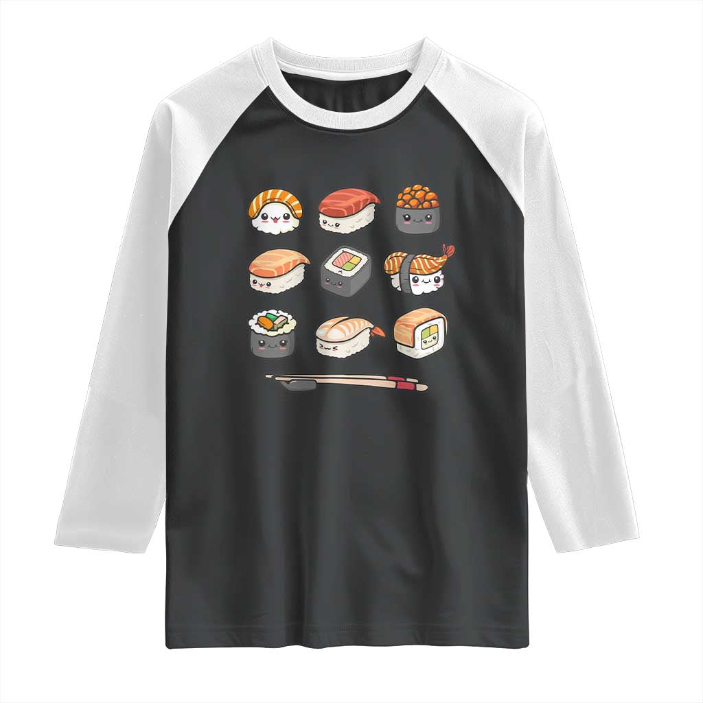 Kawaii Sushi Set Raglan Shirt Japanese Food Lover Anime Otaku Manga TS02 Black White Print Your Wear