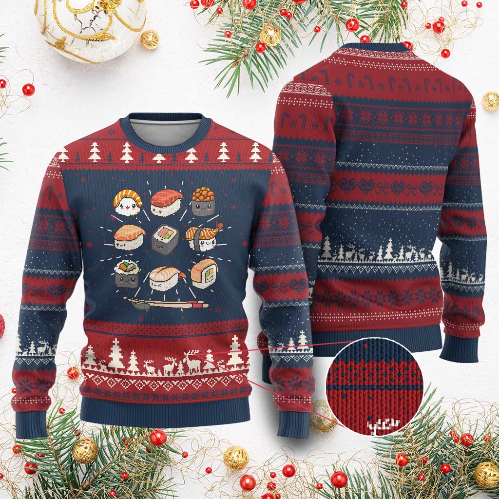 Kawaii Sushi Set Ugly Christmas Sweater Japanese Food Lover Anime Otaku Manga TS02 Burgundy Print Your Wear