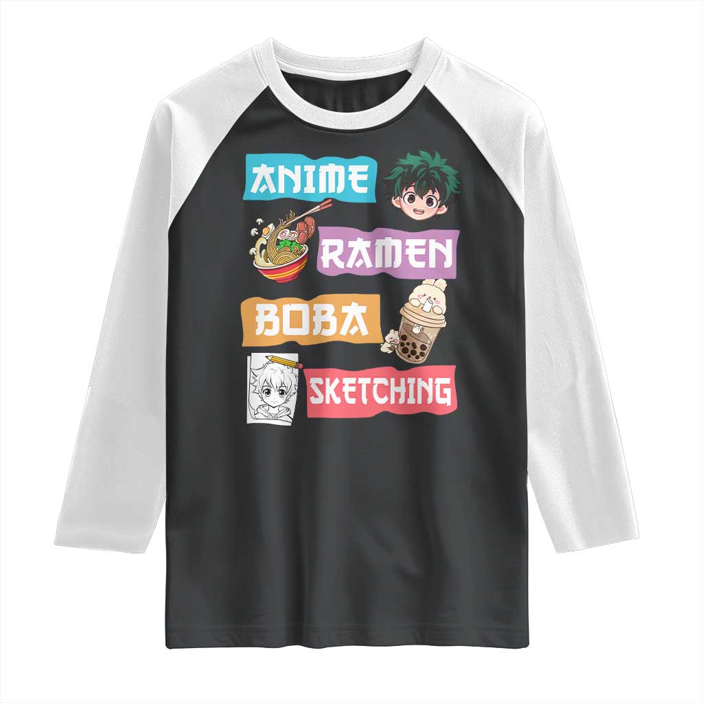 Anime Ramen Boba Sketching Raglan Shirt Kawaii Otaku Anime Manga Japanese Pop Culture Cute Graphic TS02 Black White Print Your Wear