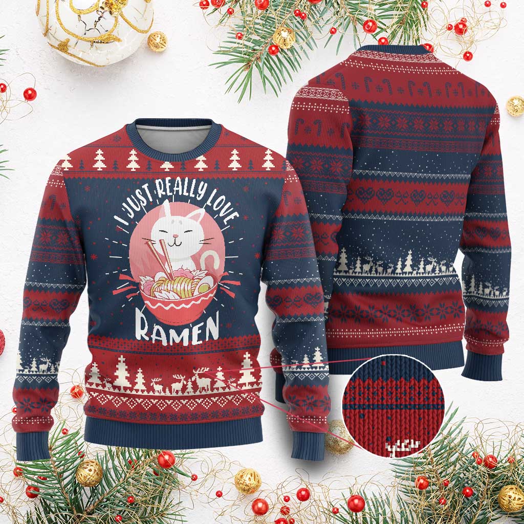 Funny Kawaii Cat Ramen Japanese Ugly Christmas Sweater I Just Really Love Ramen Otaku Manga Cute Graphic TS02 Burgundy Print Your Wear
