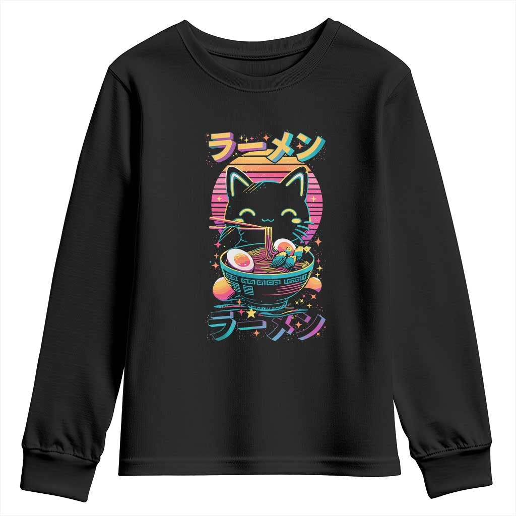 Retro Kawaii Ramen Cat Graphic Youth Sweatshirt Cute Anime Japanese Japan Inspo TS02 Black Print Your Wear