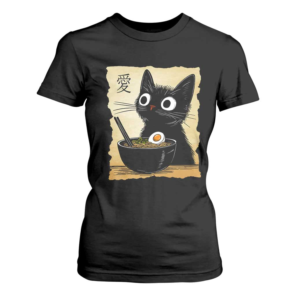 Funny Kawaii Cat Ramen T Shirt For Women Japanese Noodles Lover Anime Otaku Manga Retro TS02 Black Print Your Wear