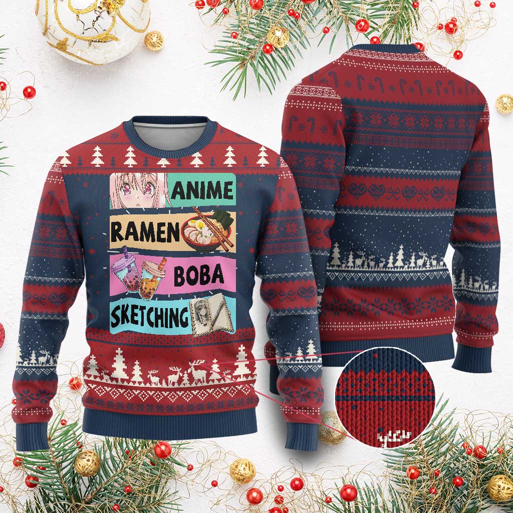 Anime Ramen Boba Sketching Ugly Christmas Sweater Kawaii Otaku Manga Lover Japanese Pop Culture TS02 Burgundy Print Your Wear