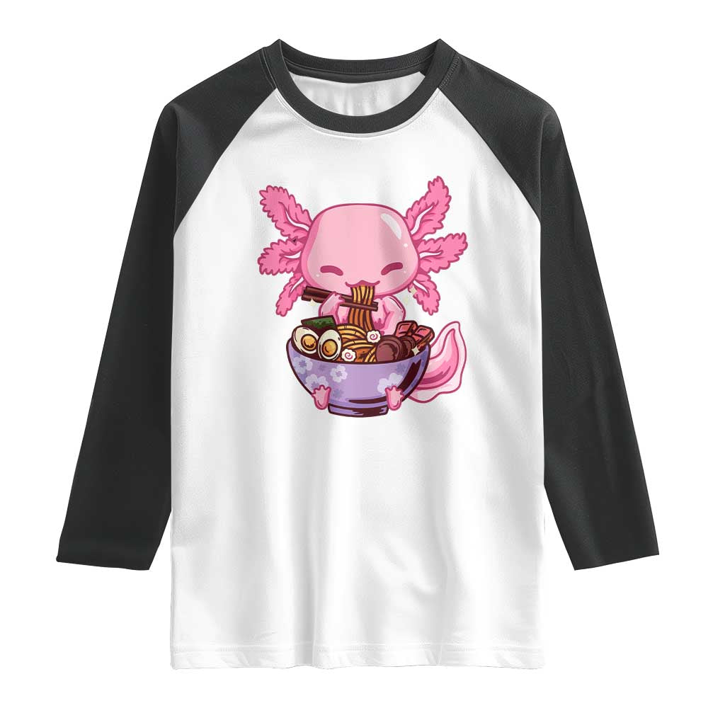 Kawaii Axolotl Eating Ramen Raglan Shirt Japanese Noodles Lover Anime Otaku Manga TS02 White Black Print Your Wear