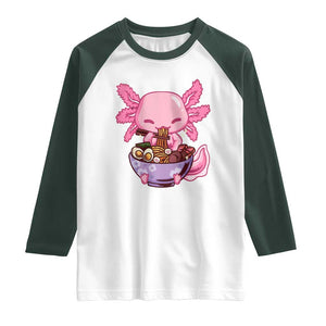 Kawaii Axolotl Eating Ramen Raglan Shirt Japanese Noodles Lover Anime Otaku Manga TS02 White Dark Forest Green Print Your Wear