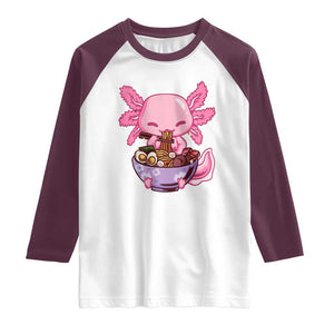 Kawaii Axolotl Eating Ramen Raglan Shirt Japanese Noodles Lover Anime Otaku Manga TS02 White Maroon Print Your Wear