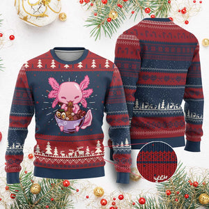 Kawaii Axolotl Eating Ramen Ugly Christmas Sweater Japanese Noodles Lover Anime Otaku Manga TS02 Burgundy Print Your Wear