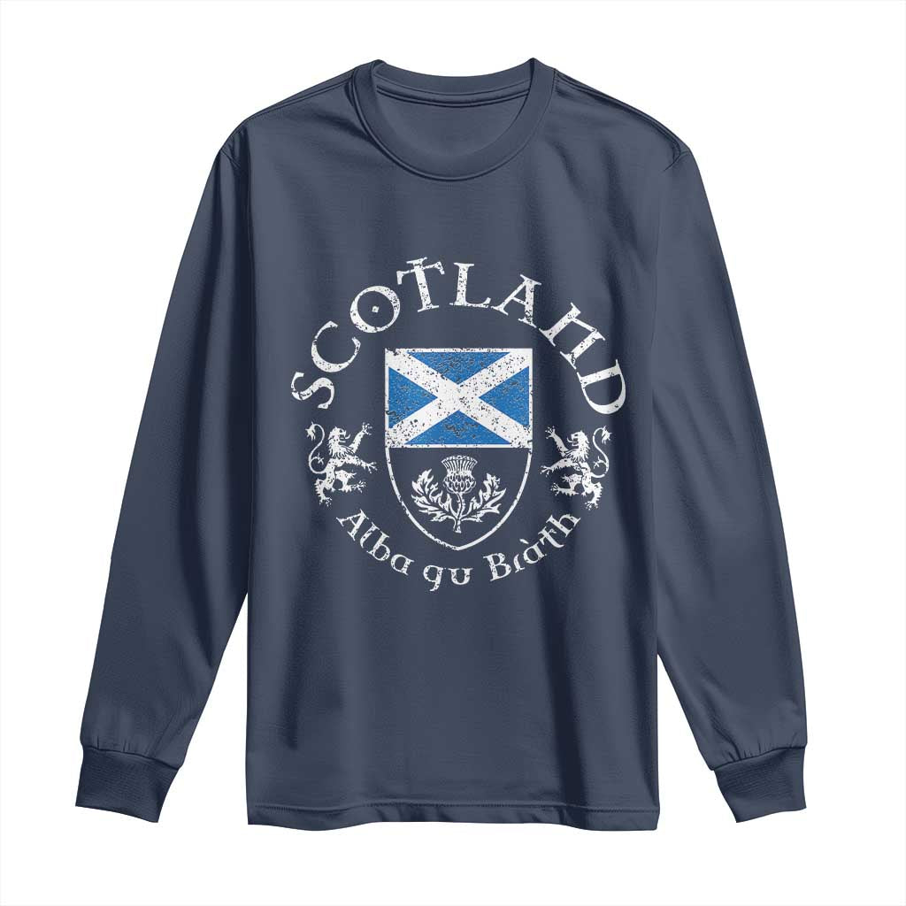 Scotland Alba gu Brath Scottish Thistle Emblem Long Sleeve Shirt Distressed Vintage Scottish Heritage Pride TS02 Navy Print Your Wear