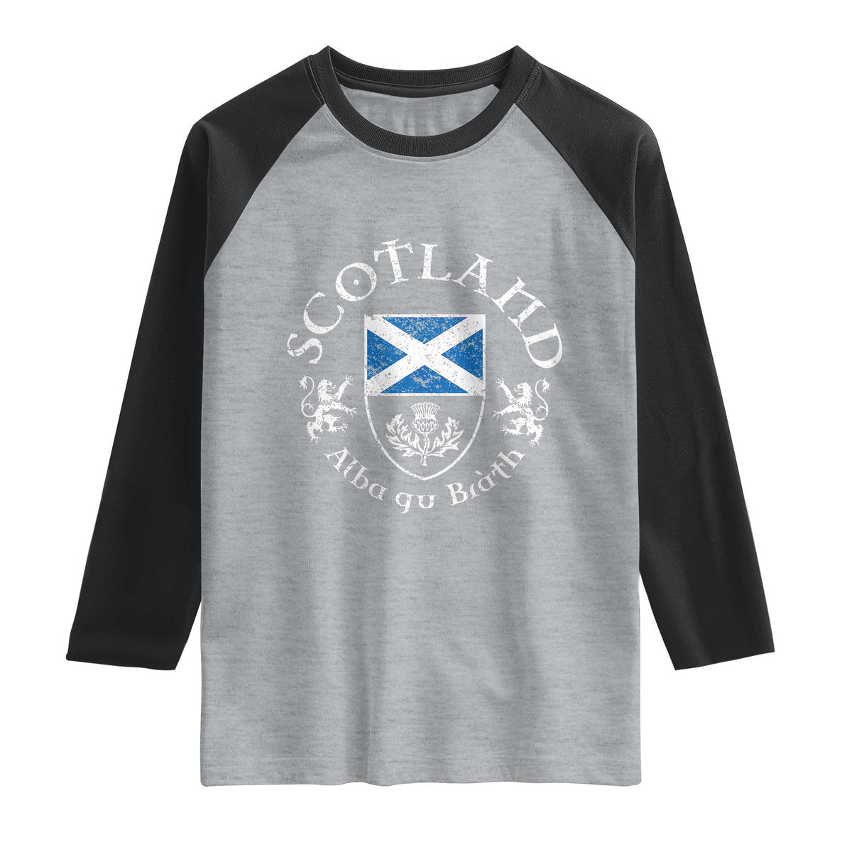 Scotland Alba gu Brath Scottish Thistle Emblem Raglan Shirt Distressed Vintage Scottish Heritage Pride TS02 Heather Gray Black Print Your Wear
