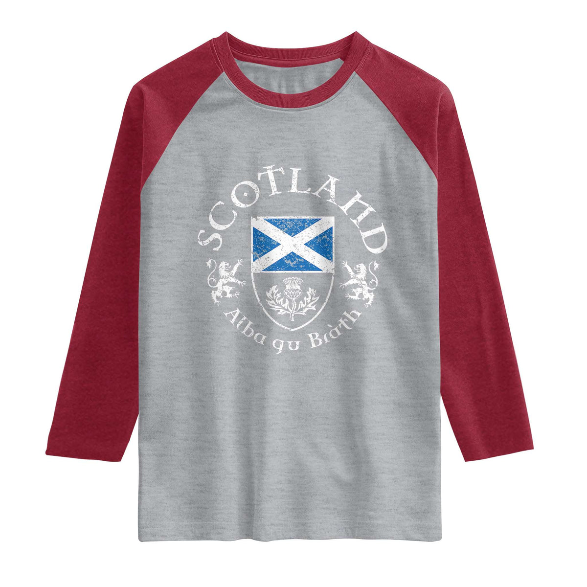 Scotland Alba gu Brath Scottish Thistle Emblem Raglan Shirt Distressed Vintage Scottish Heritage Pride TS02 Heather Gray Heather Red Print Your Wear
