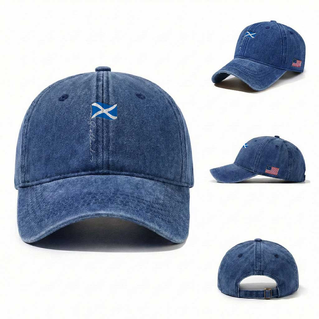 Scotland Saltire Waving Flag Washed Cotton Baseball Cap Minimalist Scottish Heritage Pride TS02 Washed Cap Universal Fit Royal Blue Print Your Wear
