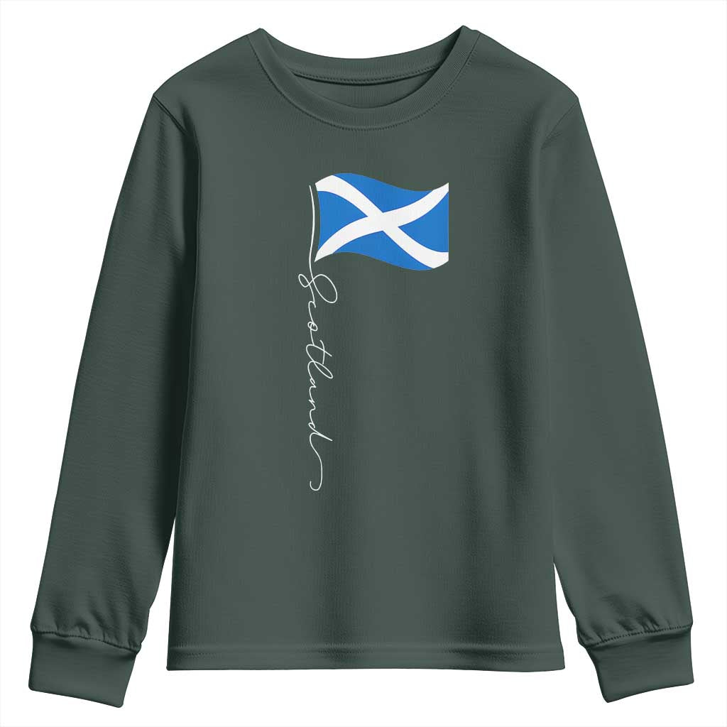 Scotland Saltire Waving Flag Youth Sweatshirt Minimalist Scottish Heritage Pride TS02 Dark Forest Green Print Your Wear