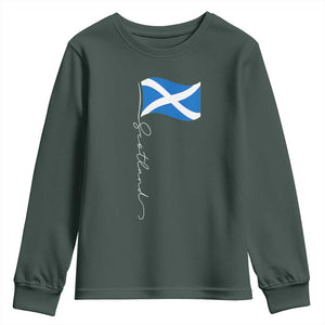 Scotland Saltire Waving Flag Youth Sweatshirt Minimalist Scottish Heritage Pride TS02 Dark Forest Green Print Your Wear