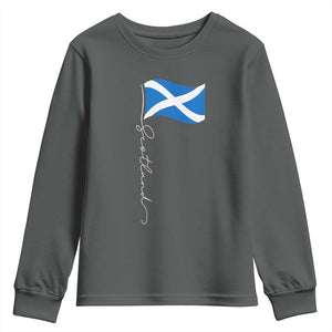 Scotland Saltire Waving Flag Youth Sweatshirt Minimalist Scottish Heritage Pride TS02 Dark Heather Print Your Wear
