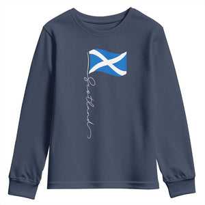 Scotland Saltire Waving Flag Youth Sweatshirt Minimalist Scottish Heritage Pride TS02 Navy Print Your Wear