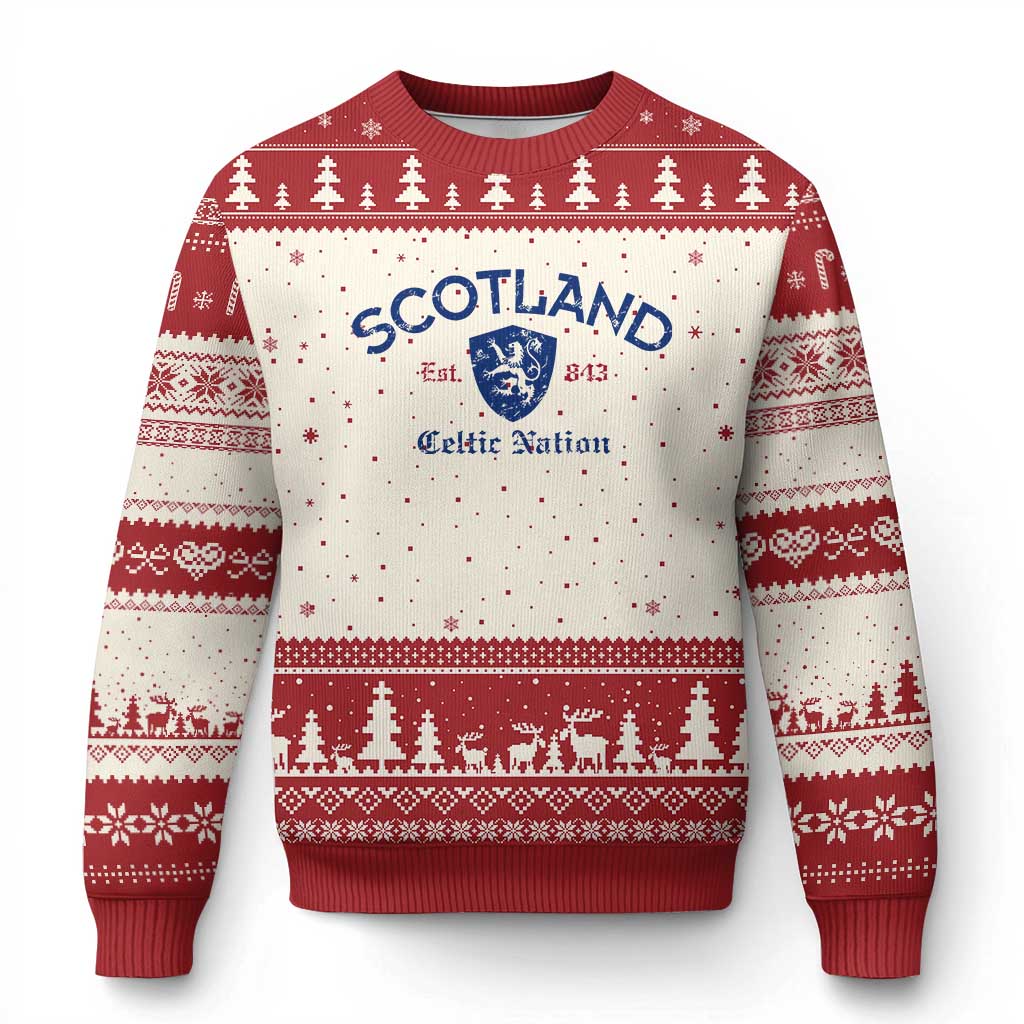 Scotland Celtic Nation Est 843 Ugly Christmas Sweater Lion Rampant Shield Patriotic Scottish Heritage TS02 Beige Red Print Your Wear