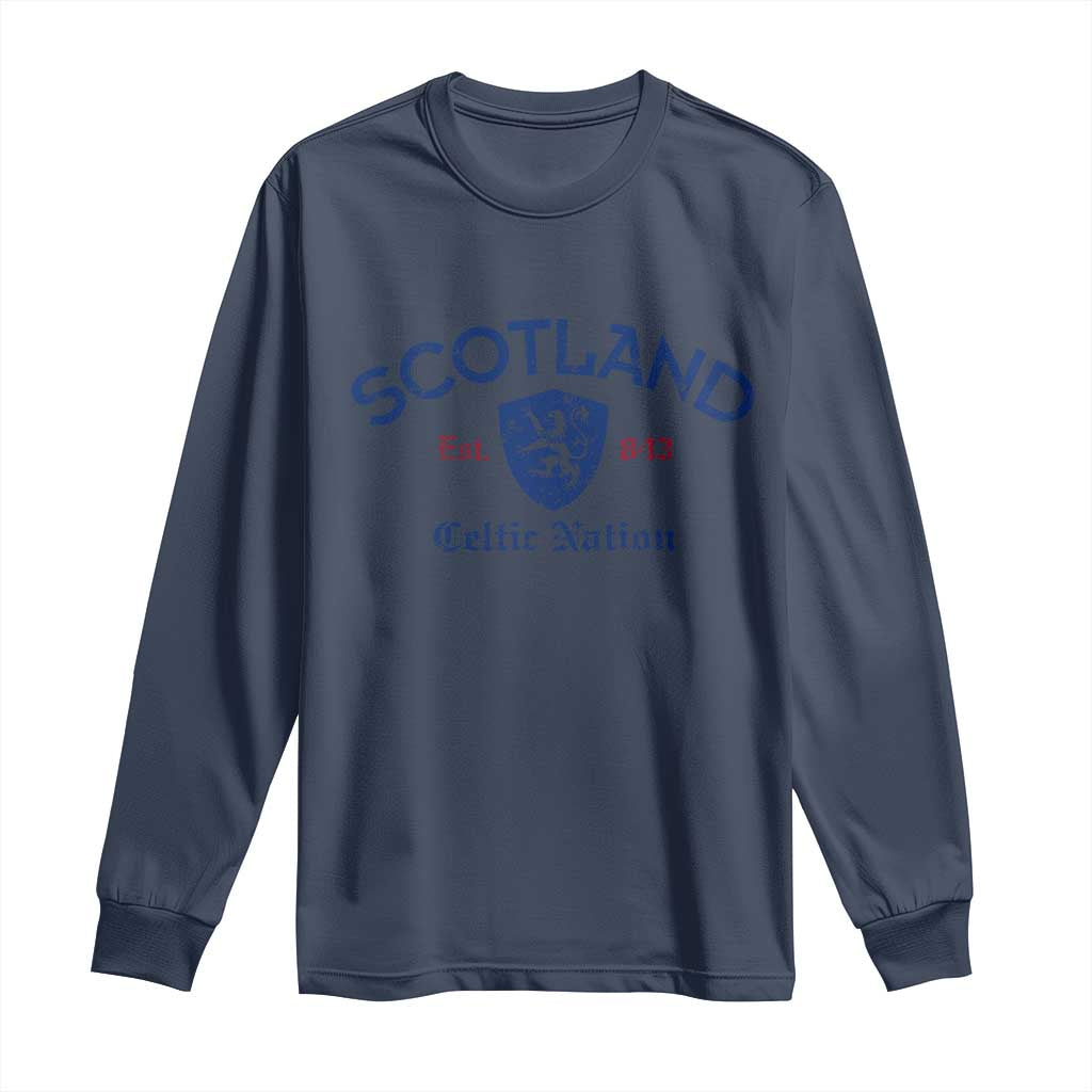 Scotland Celtic Nation Est 843 Long Sleeve Shirt Lion Rampant Shield Patriotic Scottish Heritage TS02 Navy Print Your Wear