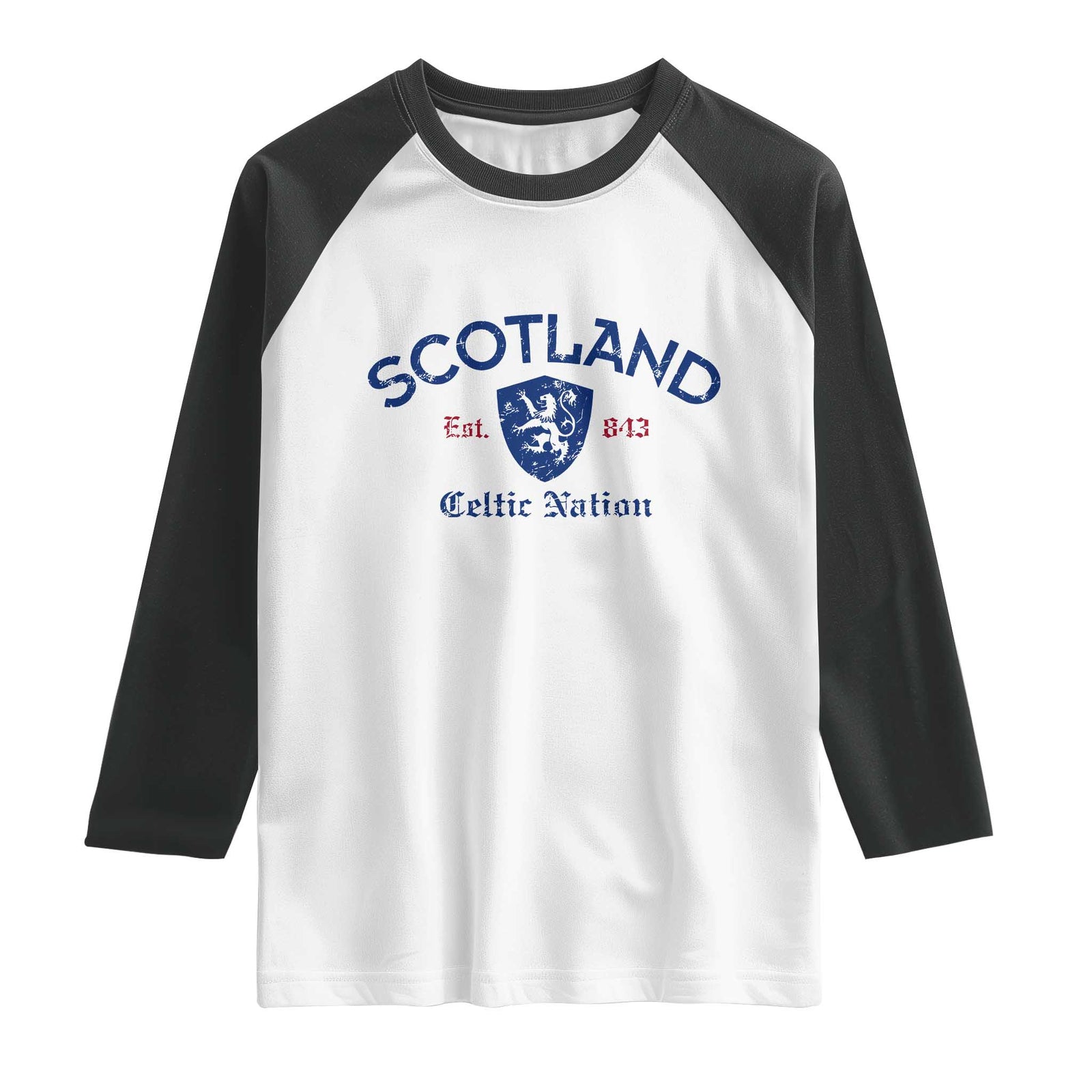 Scotland Celtic Nation Est 843 Raglan Shirt Lion Rampant Shield Patriotic Scottish Heritage TS02 White Black Print Your Wear
