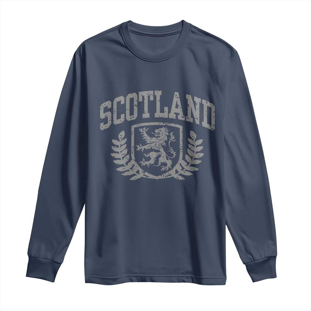 Scotland Lion Rampant Distressed Crest Long Sleeve Shirt Scottish Heritage Monochrome Laurel Wreath Vintage Graphic TS02 Navy Print Your Wear