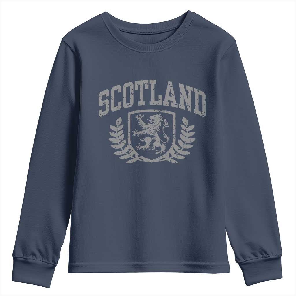 Scotland Lion Rampant Distressed Crest Youth Sweatshirt Scottish Heritage Monochrome Laurel Wreath Vintage Graphic TS02 Navy Print Your Wear