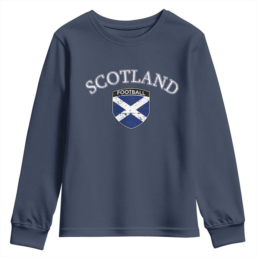 Scotland Football Distressed Shield Saltire Flag Youth Sweatshirt Game Day Sports Soccer Fans TS02 Navy Print Your Wear