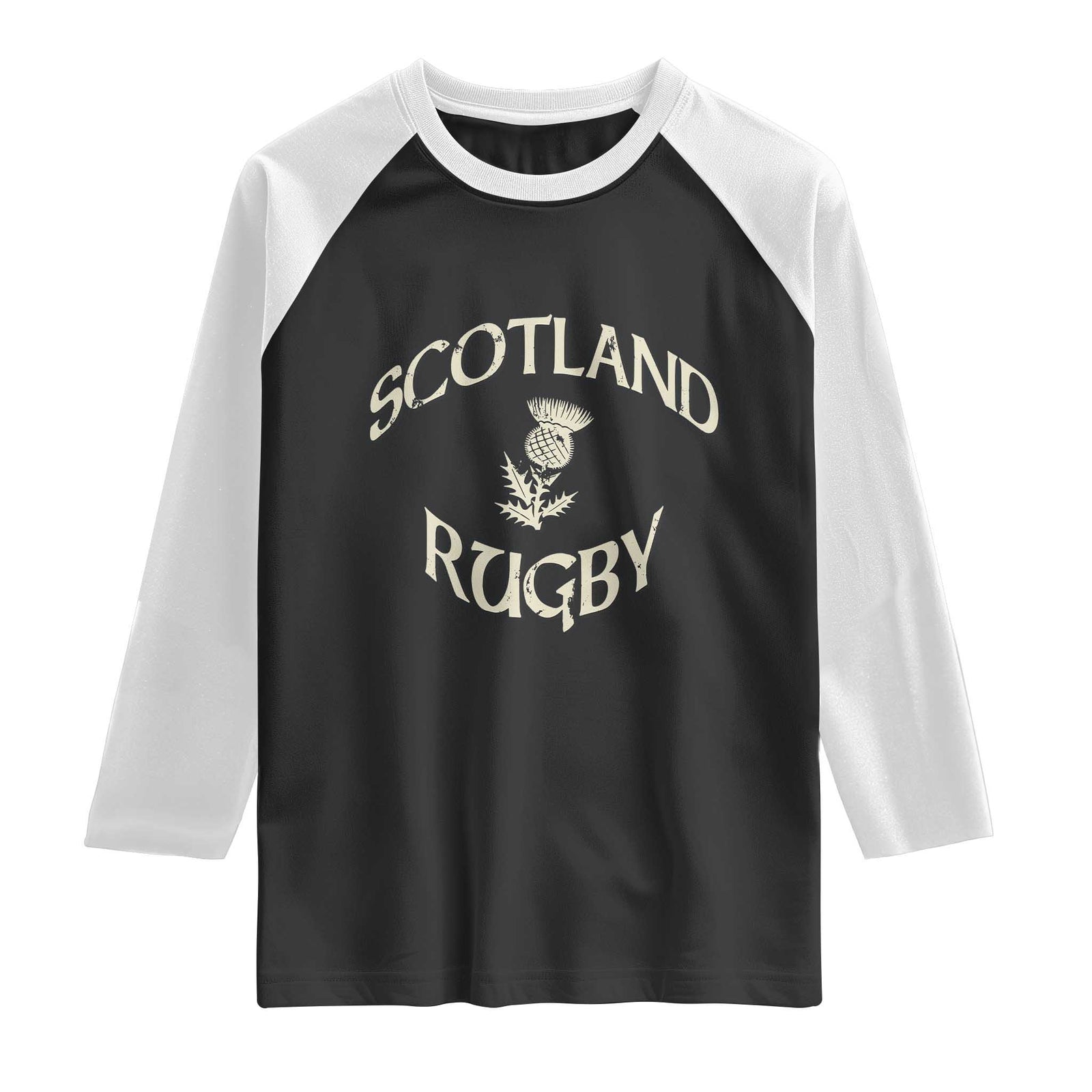 Scotland Rugby Distressed Vintage Traditional Thistle Raglan Shirt Sports Fan Game Day TS02 Black White Print Your Wear