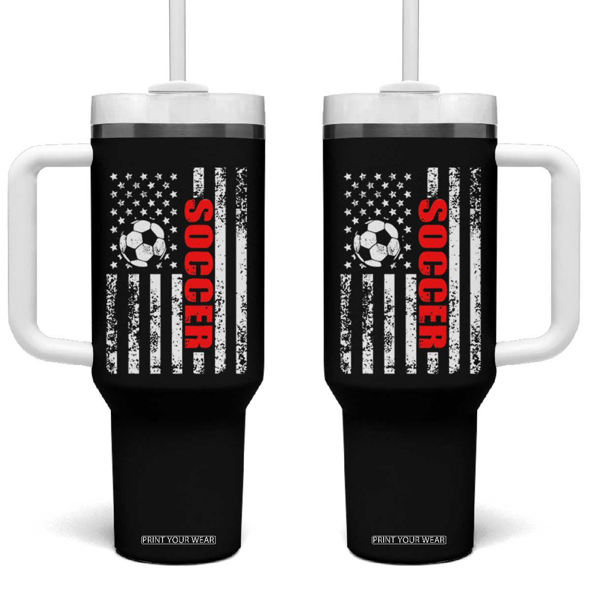 Distressed USA Flag Soccer Player Tumbler With Handle Patriotic American Football Lover TS02 One Size: 40 oz Black Print Your Wear