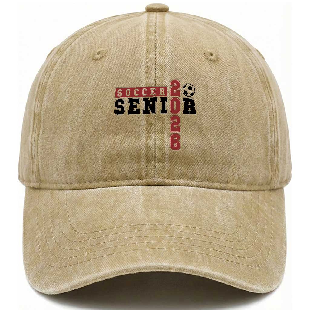 Soccer Senior Class of 2026 Typography Graphic Washed Cotton Baseball Cap High School Varsity Athlete Graduation Gift TS02 Print Your Wear