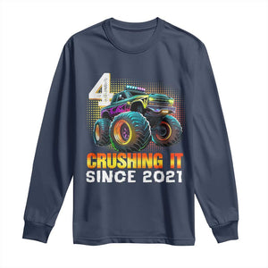 Monster Truck Birthday Long Sleeve Shirt Happy 4th Bday Party 4 Years Old Boy TS02 Navy Print Your Wear