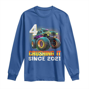 Monster Truck Birthday Long Sleeve Shirt Happy 4th Bday Party 4 Years Old Boy TS02 Royal Blue Print Your Wear