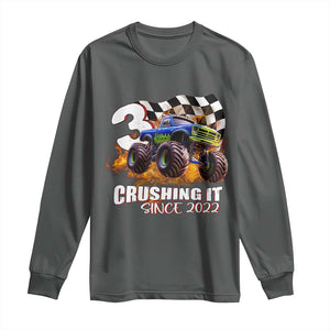 Monster Truck Birthday Long Sleeve Shirt Happy 3rd Bday Party 3 Years Old Boy TS02 Dark Heather Print Your Wear