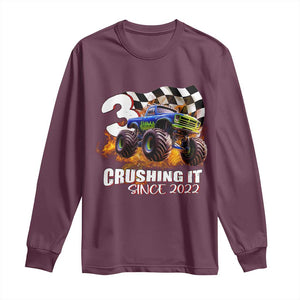 Monster Truck Birthday Long Sleeve Shirt Happy 3rd Bday Party 3 Years Old Boy TS02 Maroon Print Your Wear