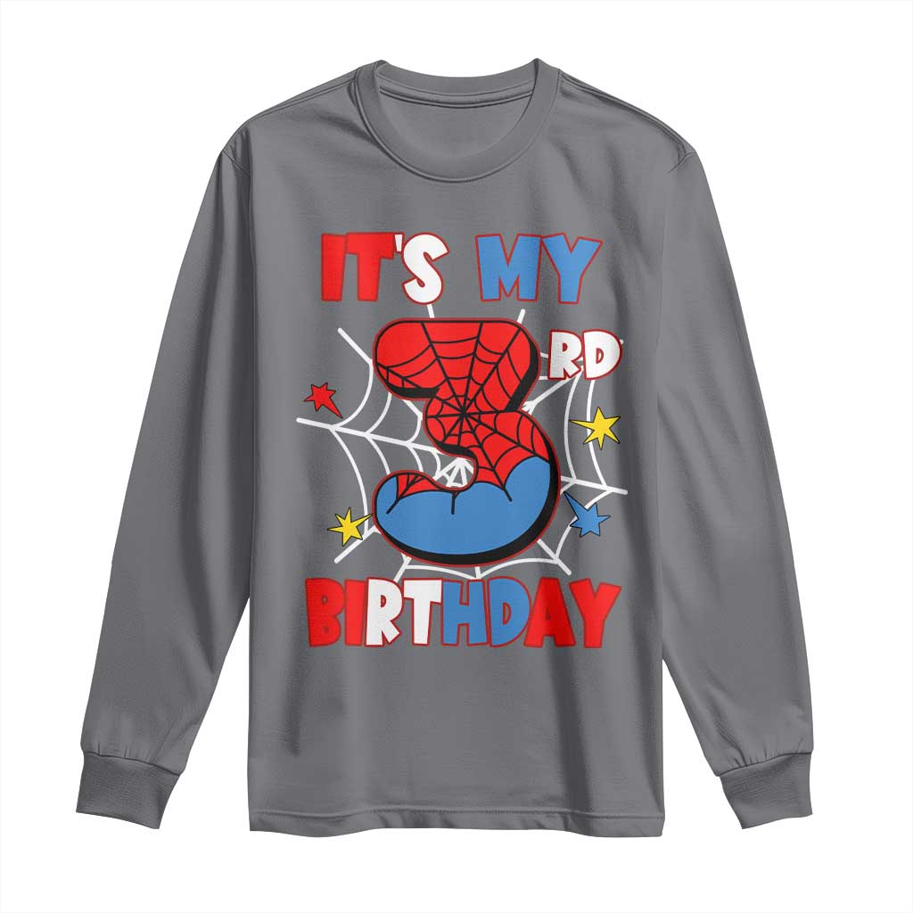 Spider Birthday Long Sleeve Shirt It's My 3rd Bday Party 3 Years Old Boy TS02 Charcoal Print Your Wear
