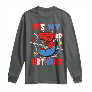 Spider Birthday Long Sleeve Shirt It's My 3rd Bday Party 3 Years Old Boy TS02 Dark Heather Print Your Wear