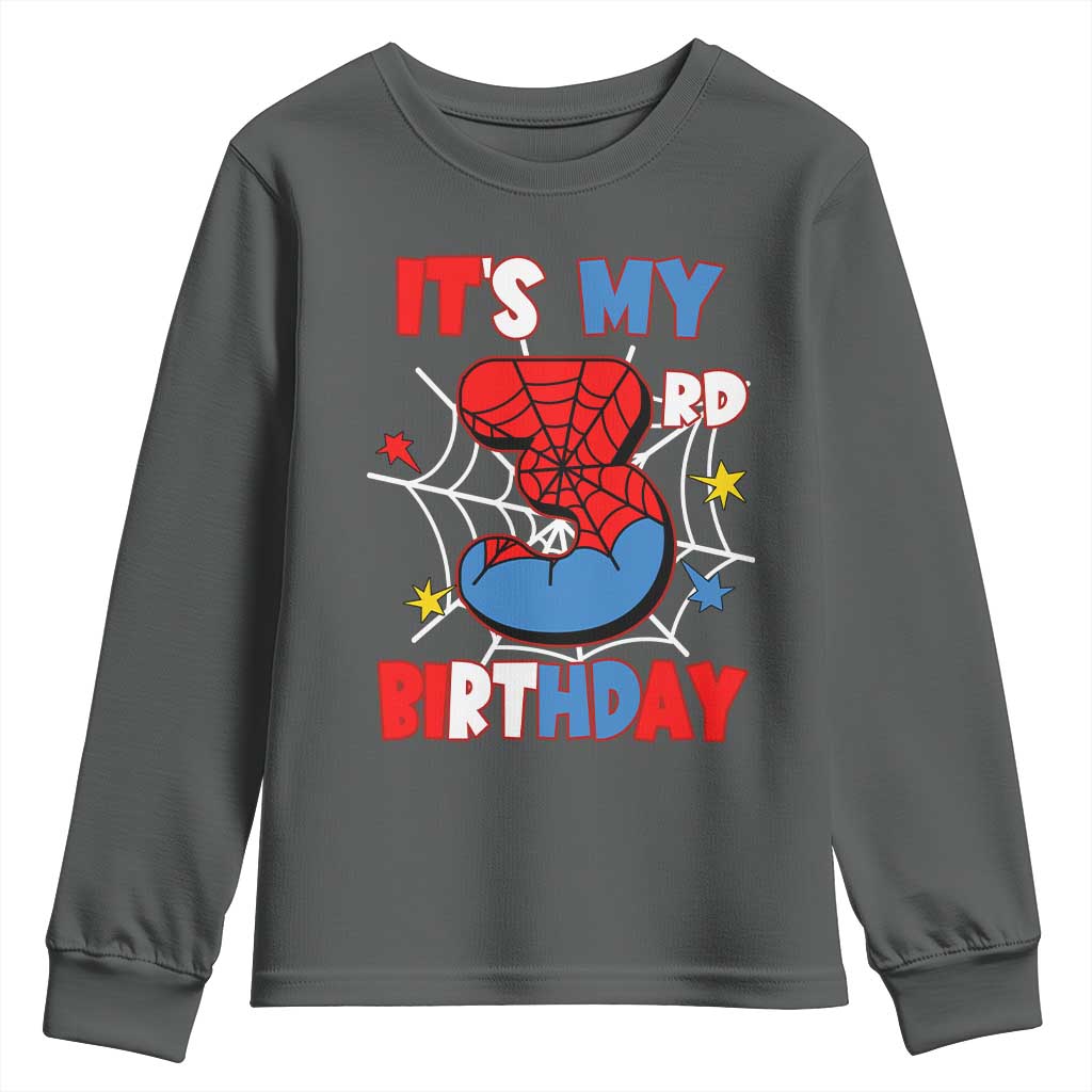 Spider Birthday Youth Sweatshirt It's My 3rd Bday Party 3 Years Old Boy TS02 Dark Heather Print Your Wear