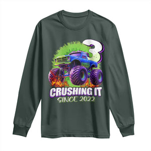 Monster Truck Birthday Long Sleeve Shirt 3 Years Old Boys Happy 3rd Bday Party TS02 Dark Forest Green Print Your Wear