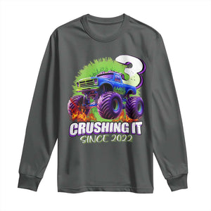 Monster Truck Birthday Long Sleeve Shirt 3 Years Old Boys Happy 3rd Bday Party TS02 Dark Heather Print Your Wear