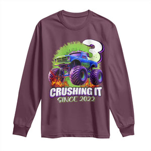 Monster Truck Birthday Long Sleeve Shirt 3 Years Old Boys Happy 3rd Bday Party TS02 Maroon Print Your Wear