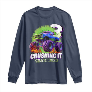 Monster Truck Birthday Long Sleeve Shirt 3 Years Old Boys Happy 3rd Bday Party TS02 Navy Print Your Wear