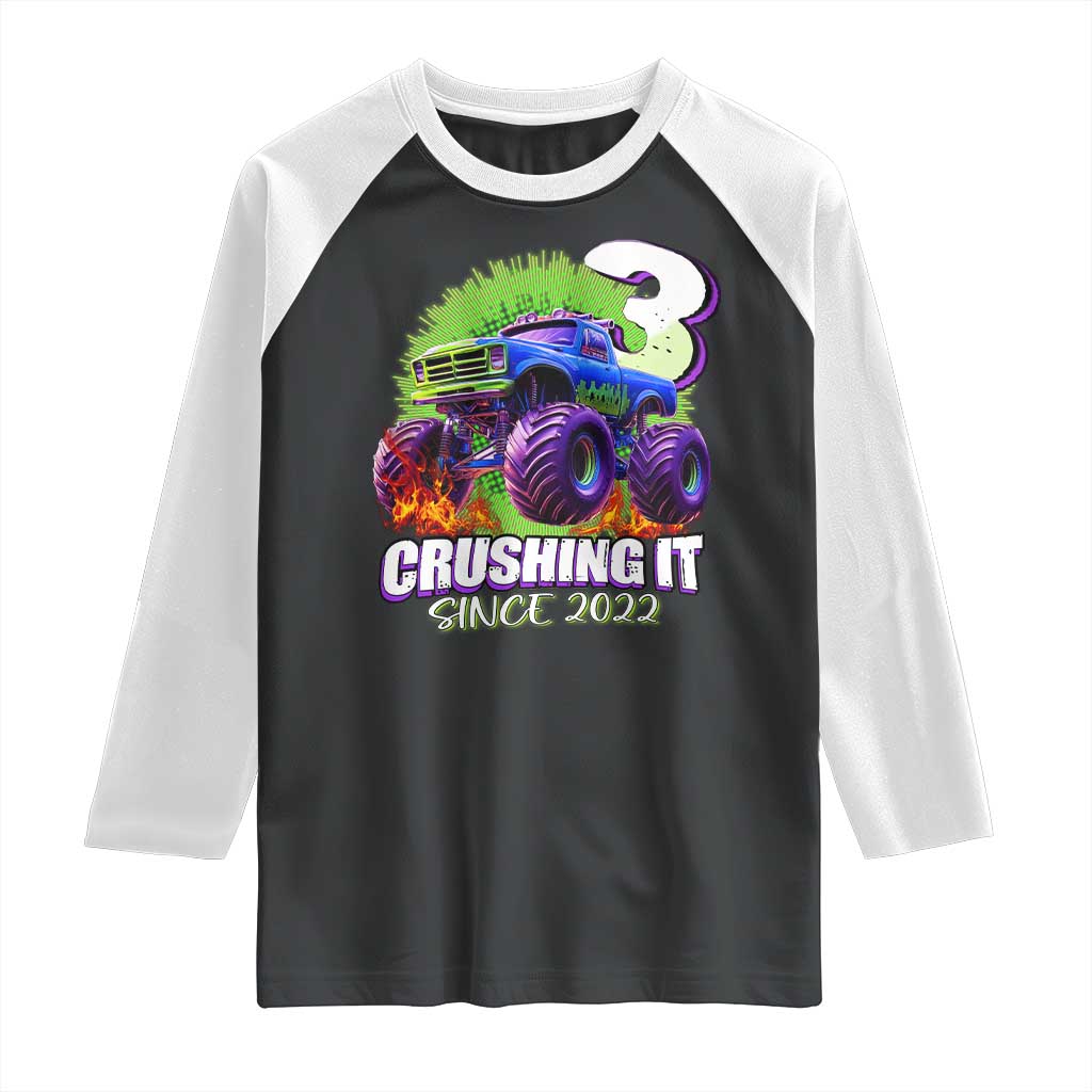 Monster Truck Birthday Raglan Shirt 3 Years Old Boys Happy 3rd Bday Party TS02 Black White Print Your Wear