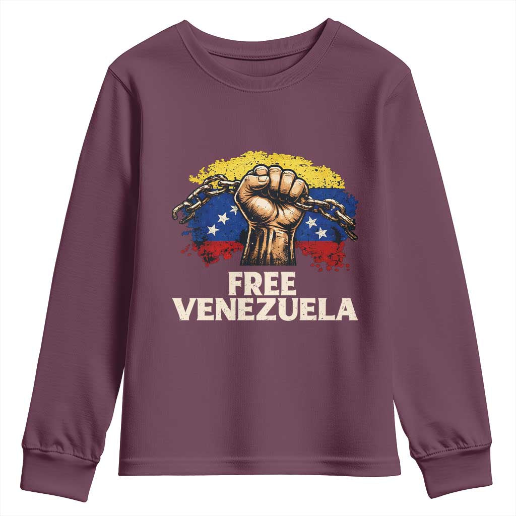 Free Venezuela Flag Chain Breaker Youth Sweatshirt Powerful Liberation for Liberation Supporters TS02 Maroon Print Your Wear