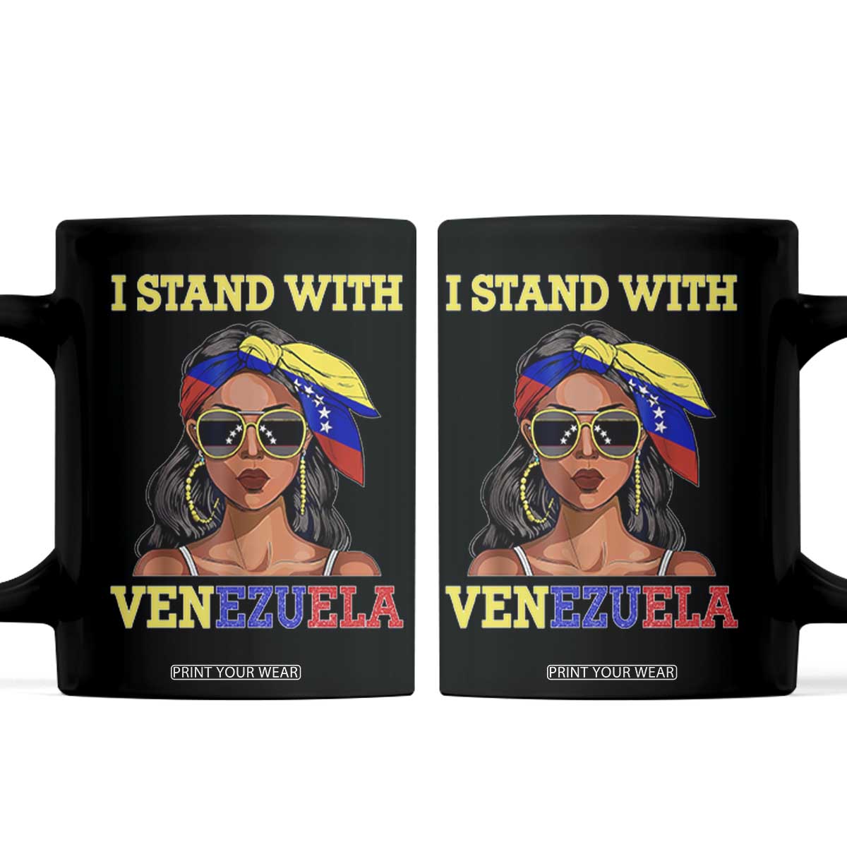 Stand With Venezuela Patriotic Coffee Mug Venezuelan Flag Empowering Afro Latina Messy Bun Bandana TS02 Black Print Your Wear