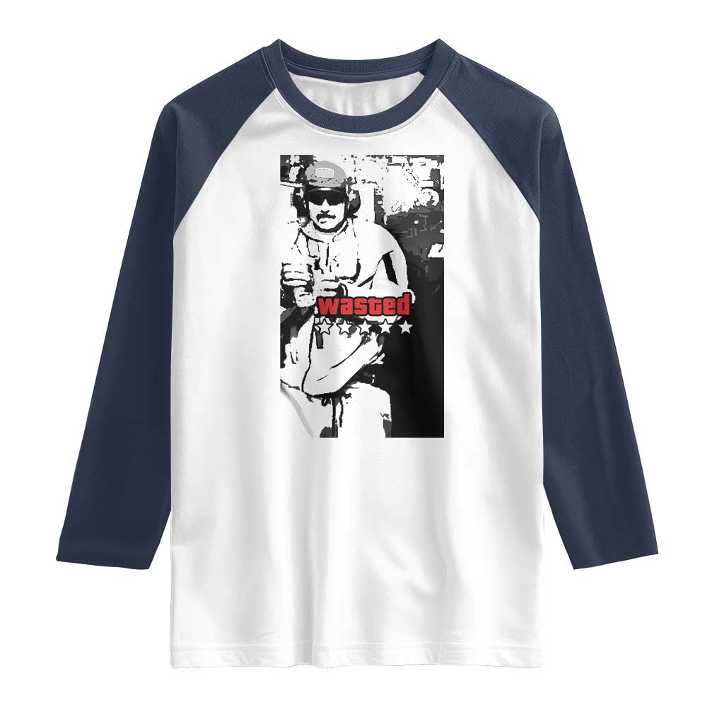 Wasted Maduro Meme Raglan Shirt Dictators Downfall Political Satire GTA Style TS02 White Navy Print Your Wear