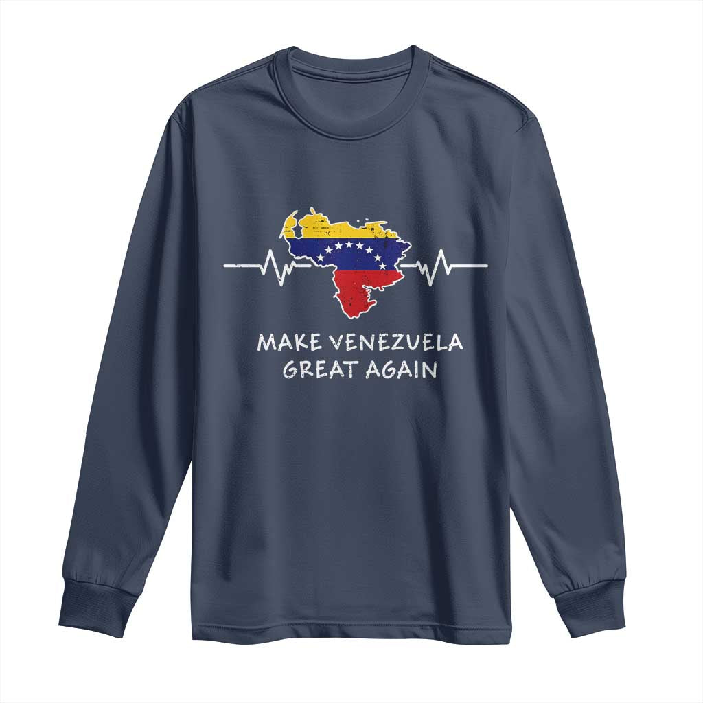 Make Venezuela Great Again Long Sleeve Shirt Patriotic Support Heartbeat Distressed Map Graphic TS02 Navy Print Your Wear