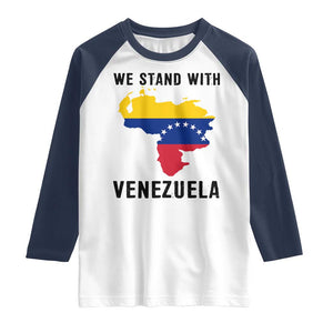 We Stand With Venezuela Raglan Shirt Venezuelan Flag Unity Graphic TS02 White Navy Print Your Wear
