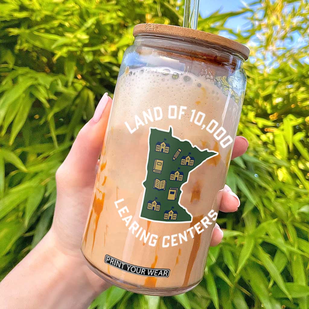 Land of 10000 Learing Centers Funny Minnesota Meme Glass Can Viral Education Typo Parody TS02 Black Print Your Wear